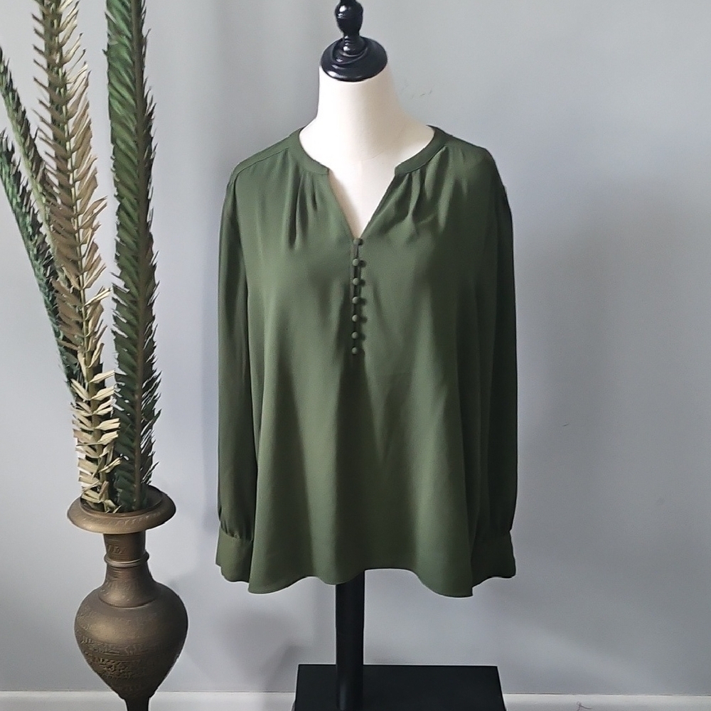 Cato Olive Green Popover Blouse with Hi-Low Hem
